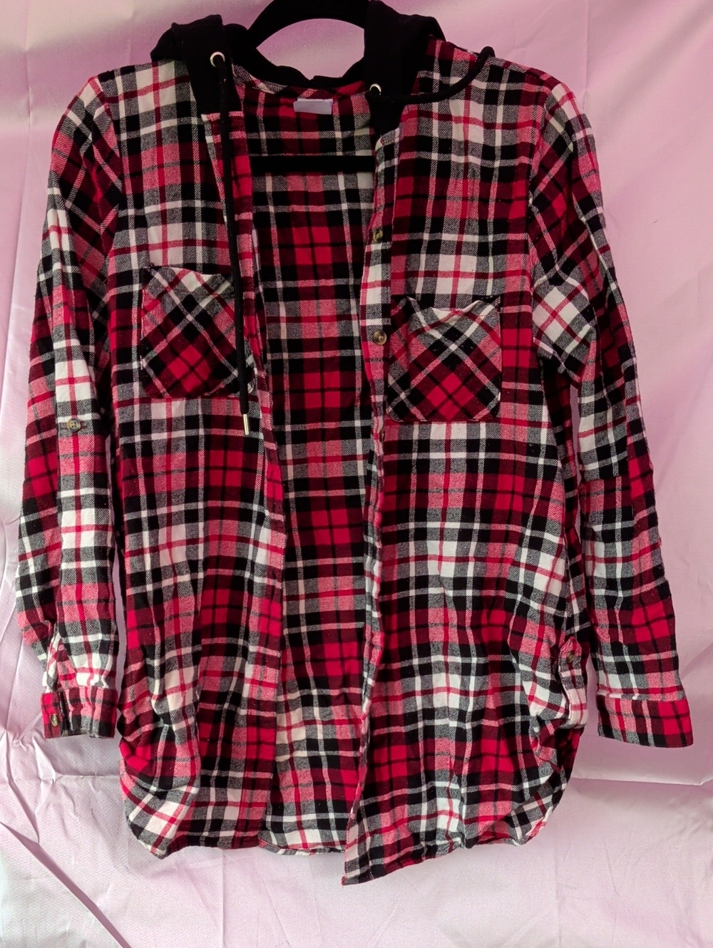 No Boundaries hooded button up plaid shirt